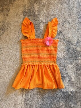 Girls' Good Lad Orange Smocked Tank Top with Flower Accent